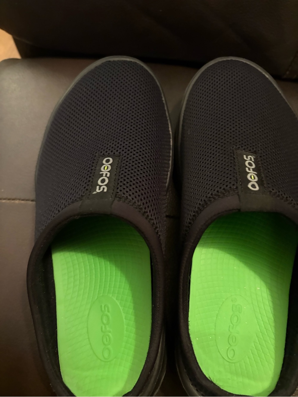 OOFOS Women Black Slip-On Recovery Shoes with Green Footbed-worn once